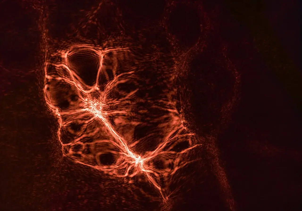 Red, glowing lines against a black background that resemble neurons and axons 