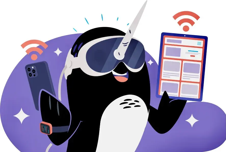 The Narwin (a narwhal-penguin hybrid) holding various mobile devices and wearing a VR headset. 