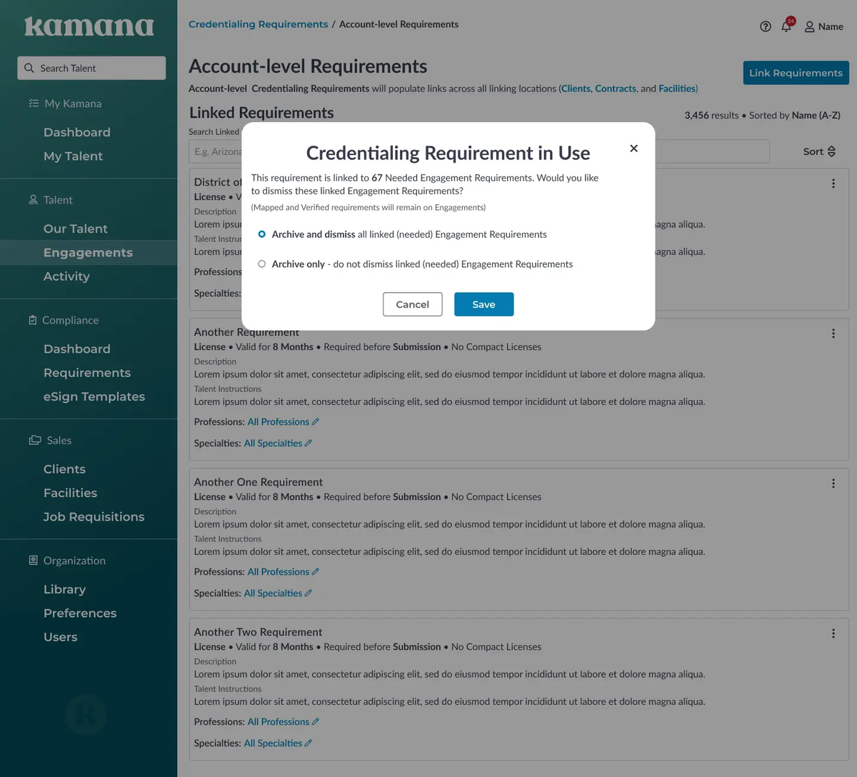 Kamana screenshot showing credentialing requirement pop-up