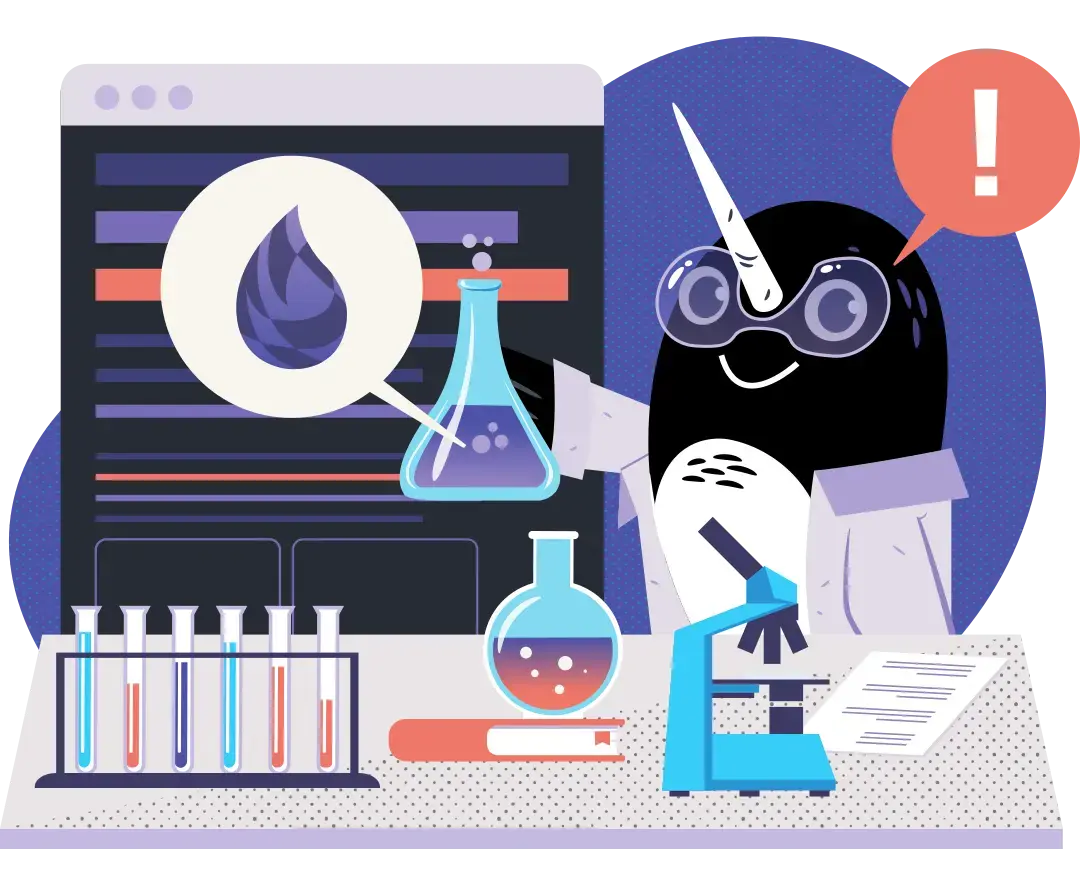 The DockYard Narwin (a penguin-narwhal hybrid) in a lab holds up a beaker of purple liquid identified with the Elixir logo.
