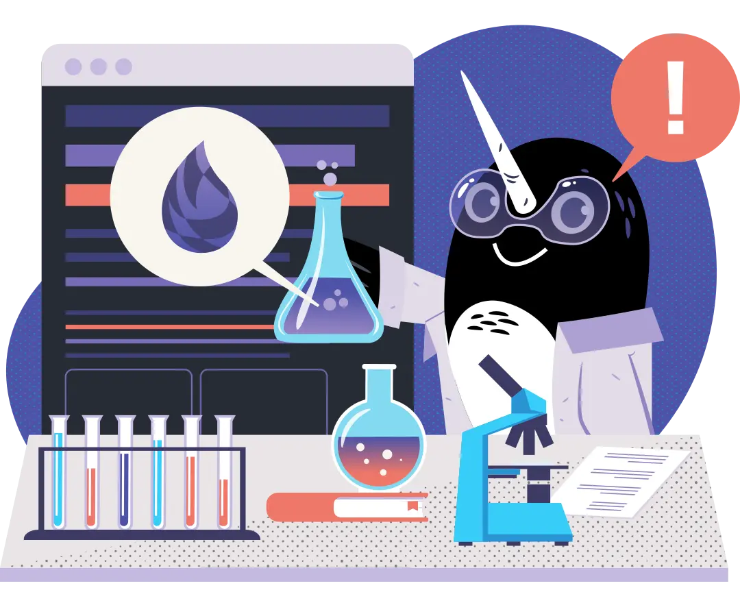The DockYard Narwin (a penguin-narwhal hybrid) in a lab holds up a beaker of purple liquid identified with the Elixir logo.