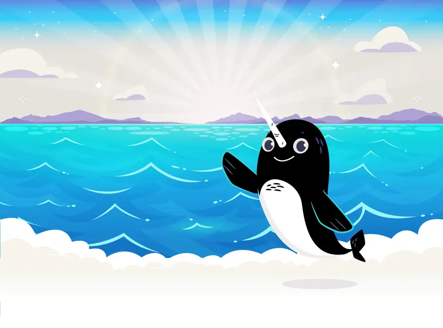 The DockYard Narwin (a narwhal-penguin hybrid) standing in front of a body of water with mountains on the horizon