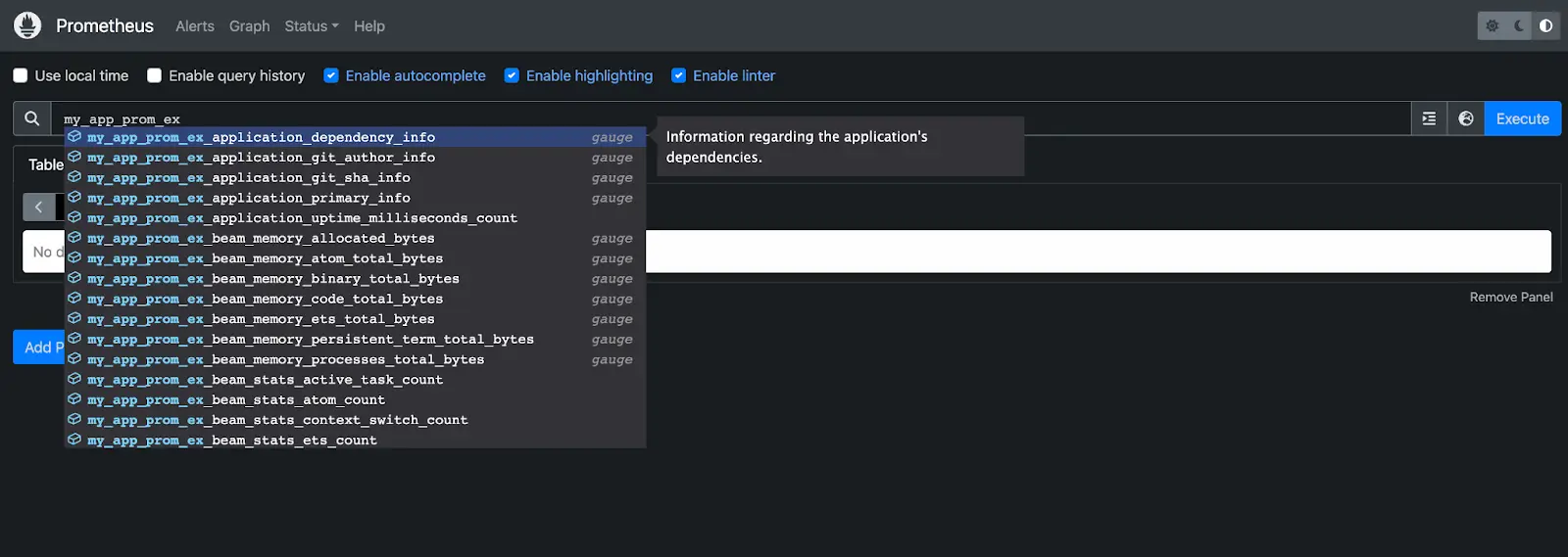 A screen showing a prometheus page with a dropdown list of available metrics