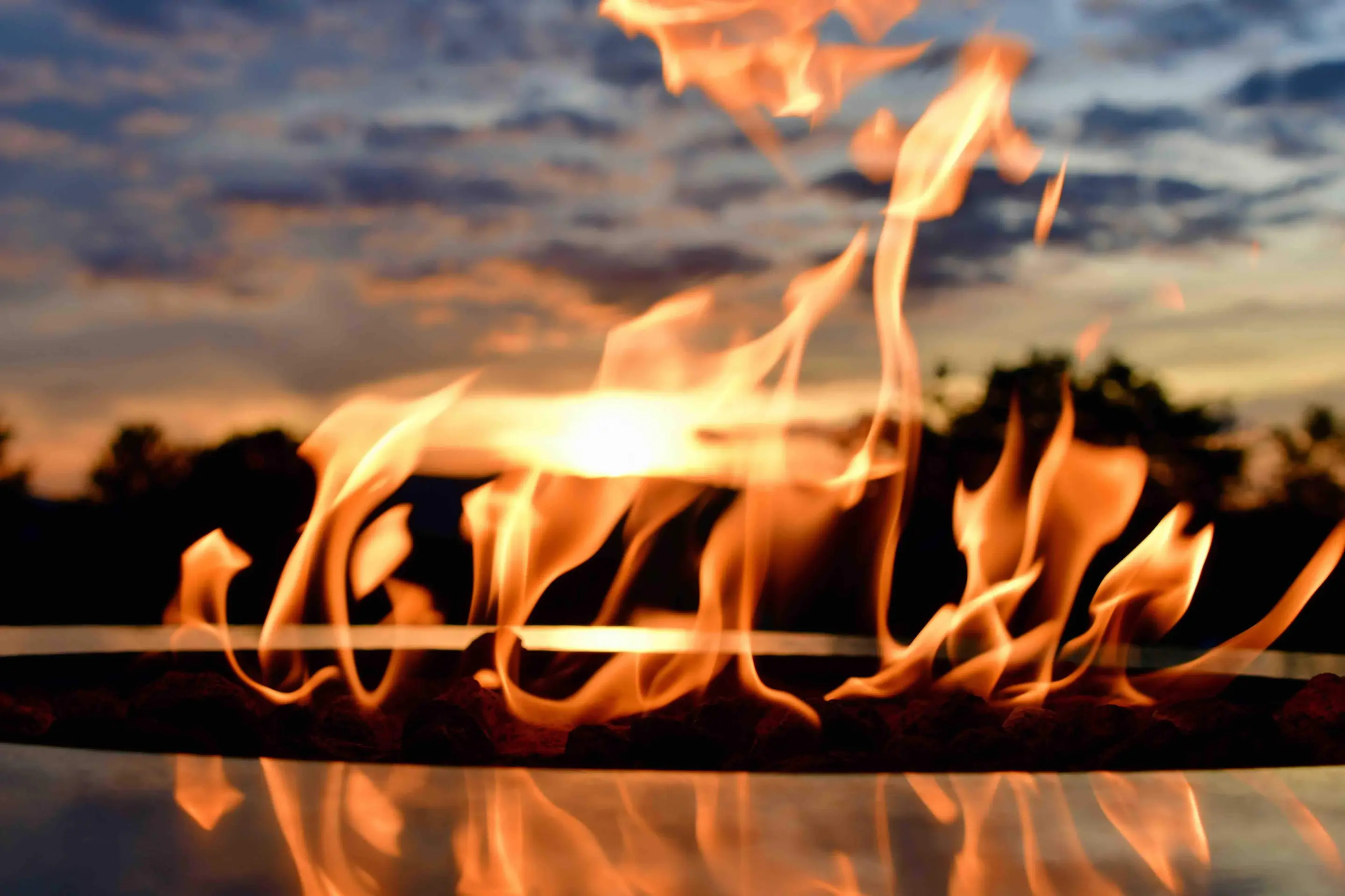 A fire in a firepit set against a background of trees at sunset