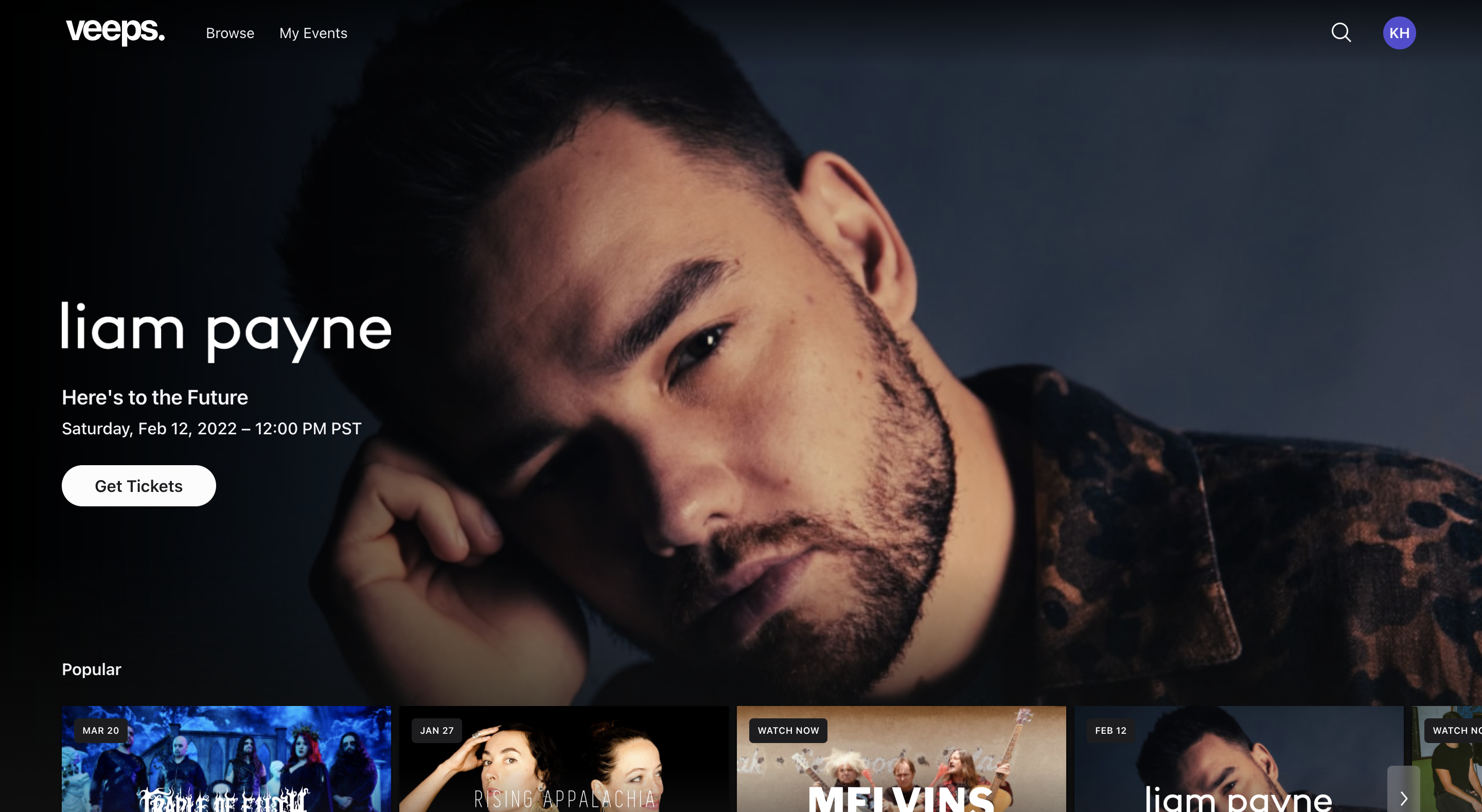 Veeps homepage showing musician Liam Payne and a carousel of other popular artists below.