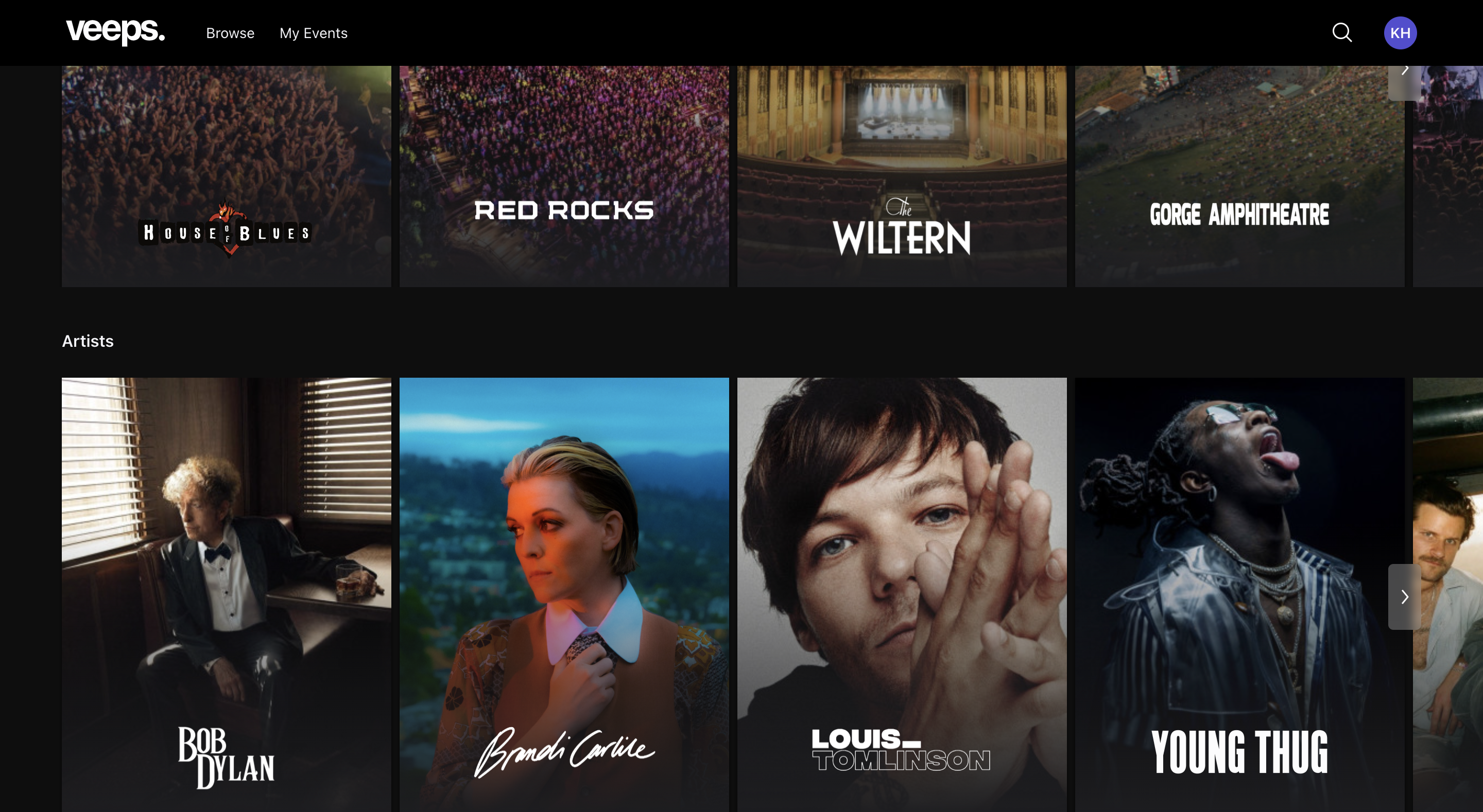 Veeps UI showing venues on the platform, including House of Blues, Red Rocks, The Wiltern, and Gorge Amphitheatre. The UI also shows artists, including Bob Dylan, Brandi Carlile, Louis-Tomlinson, and Young Thug.