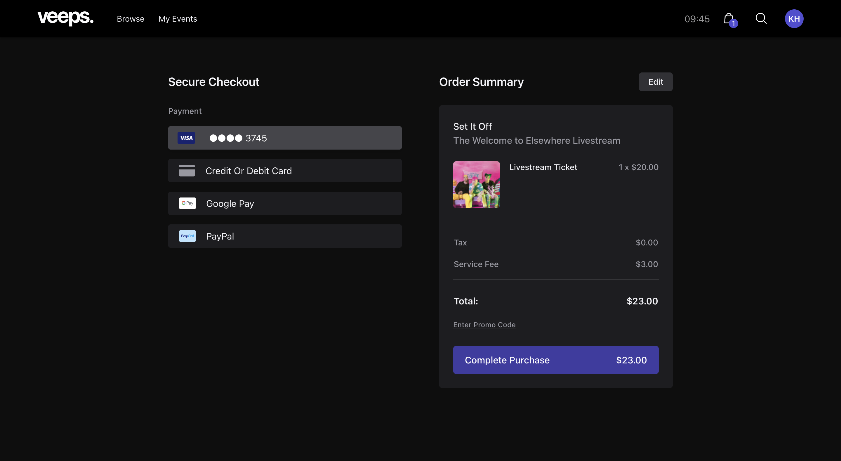 Veeps UI showing secure checkout, including payment information and order summary.