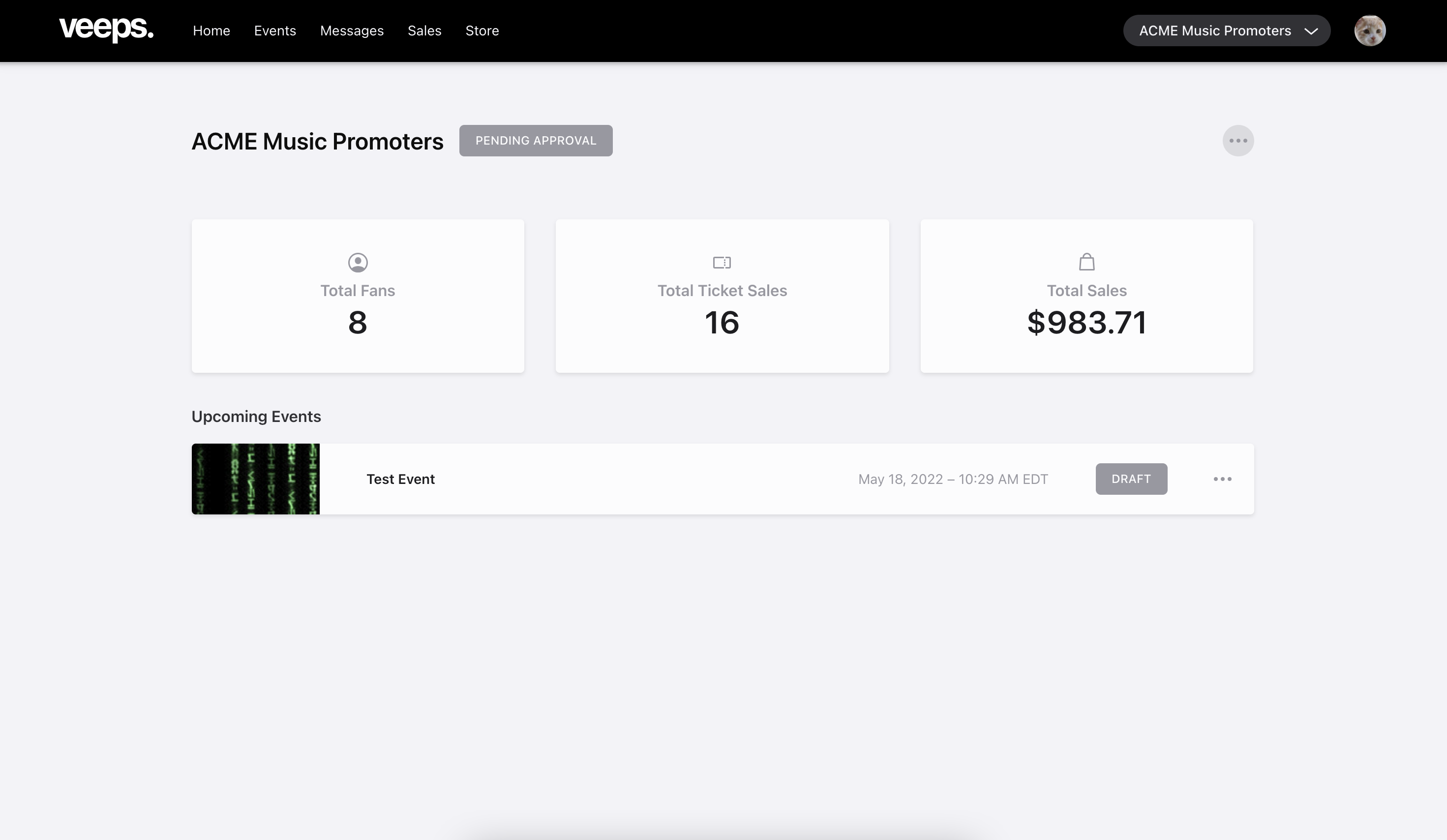 Veeps UI showing “backstage” artists and venue view, including dashboard with total number of fans, total number of ticket sales, and total ticket sales value.