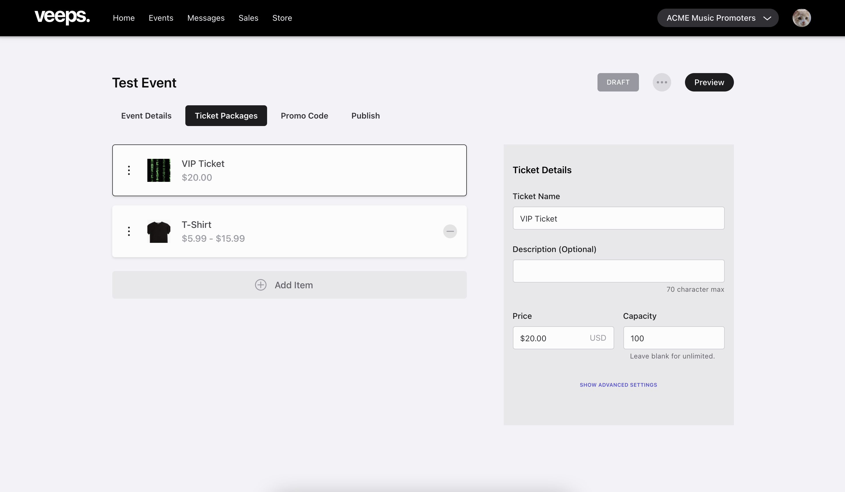 Veeps UI showing “backstage” artists and venue view, including dashboard with total number of fans, total number of ticket sales, and total ticket sales value.