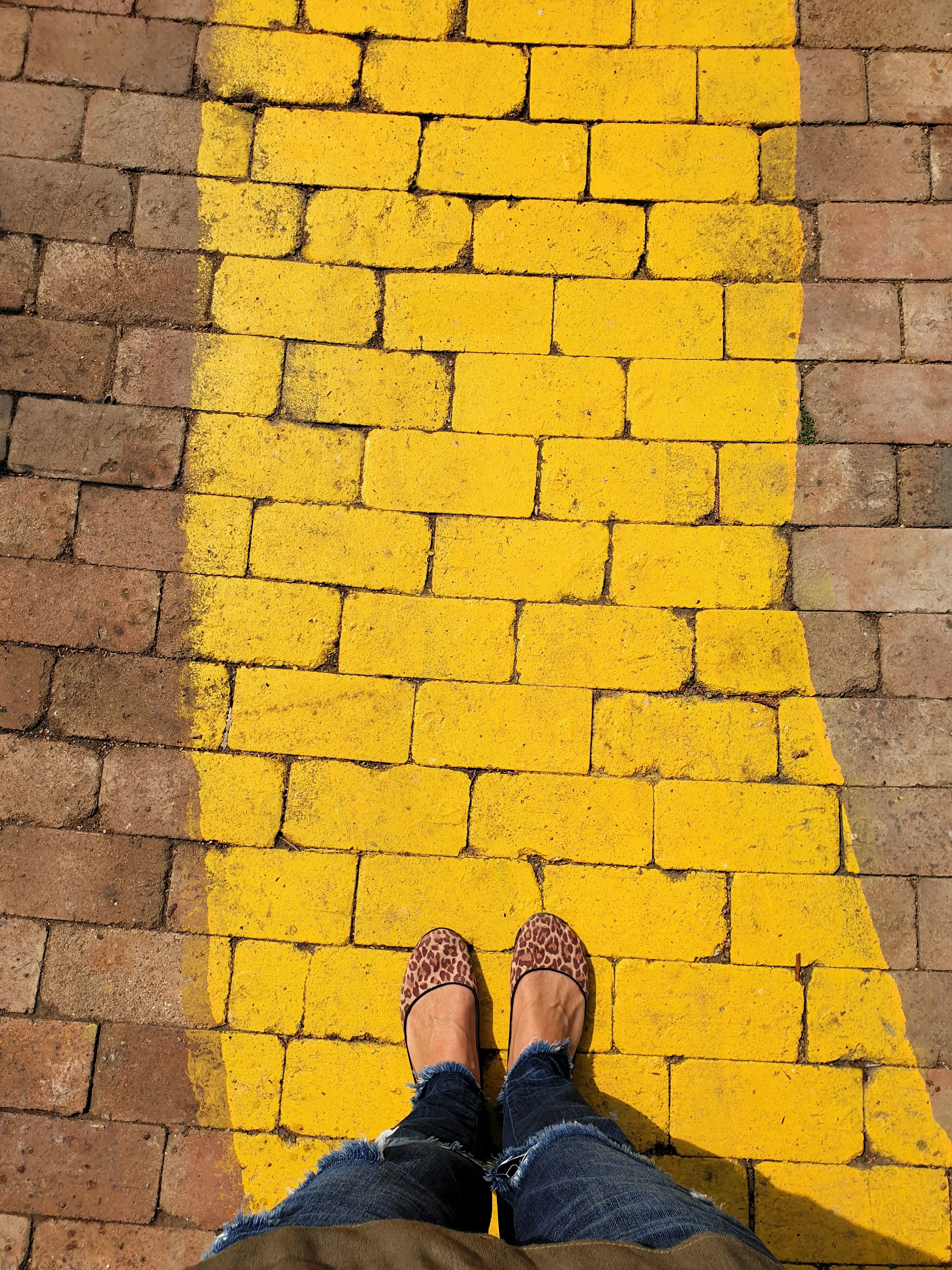 A pair of feet in leopard-print shoes standing on a yellow stripe running the length of a brick road.