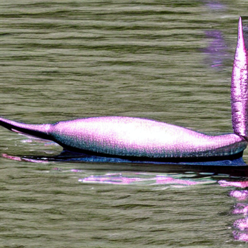 A shape on water that resembles the body of a pink dolphin, with an appendage perpendicular to the body at the far right edge of the frame