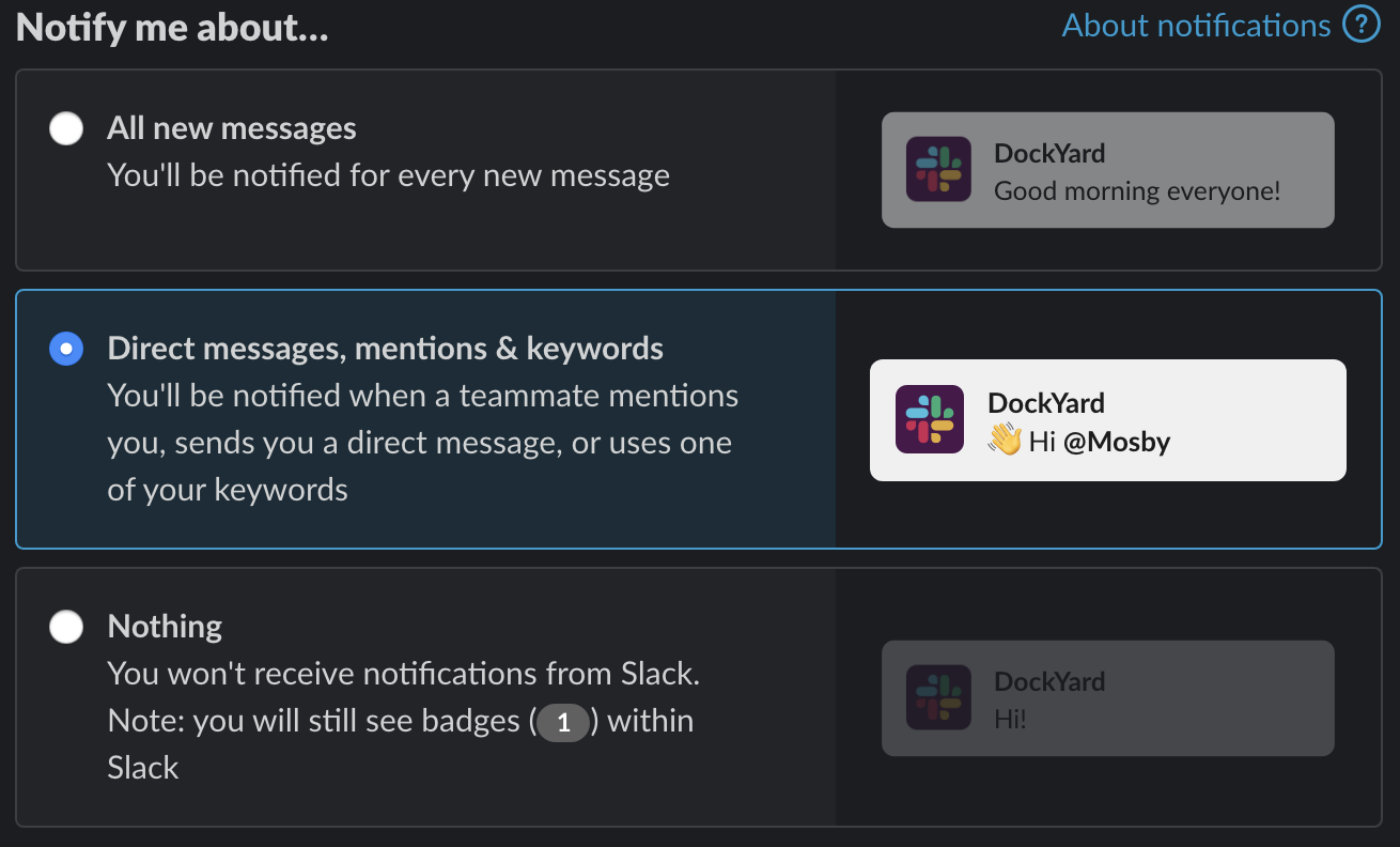 screenshot of Slack notifications settings