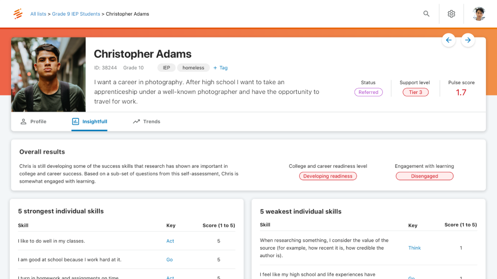 Preview of Student Profile application view