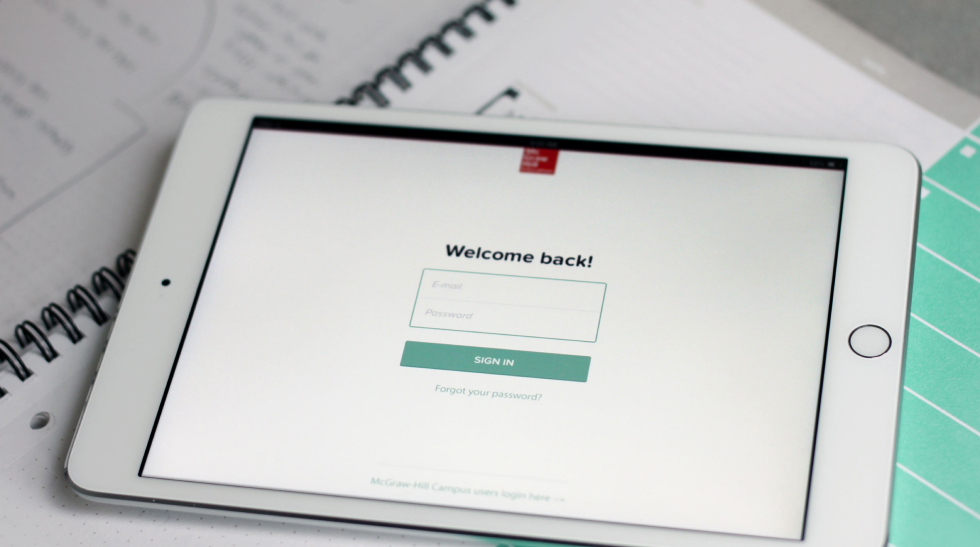 McGraw-Hill login screen shown on a tablet