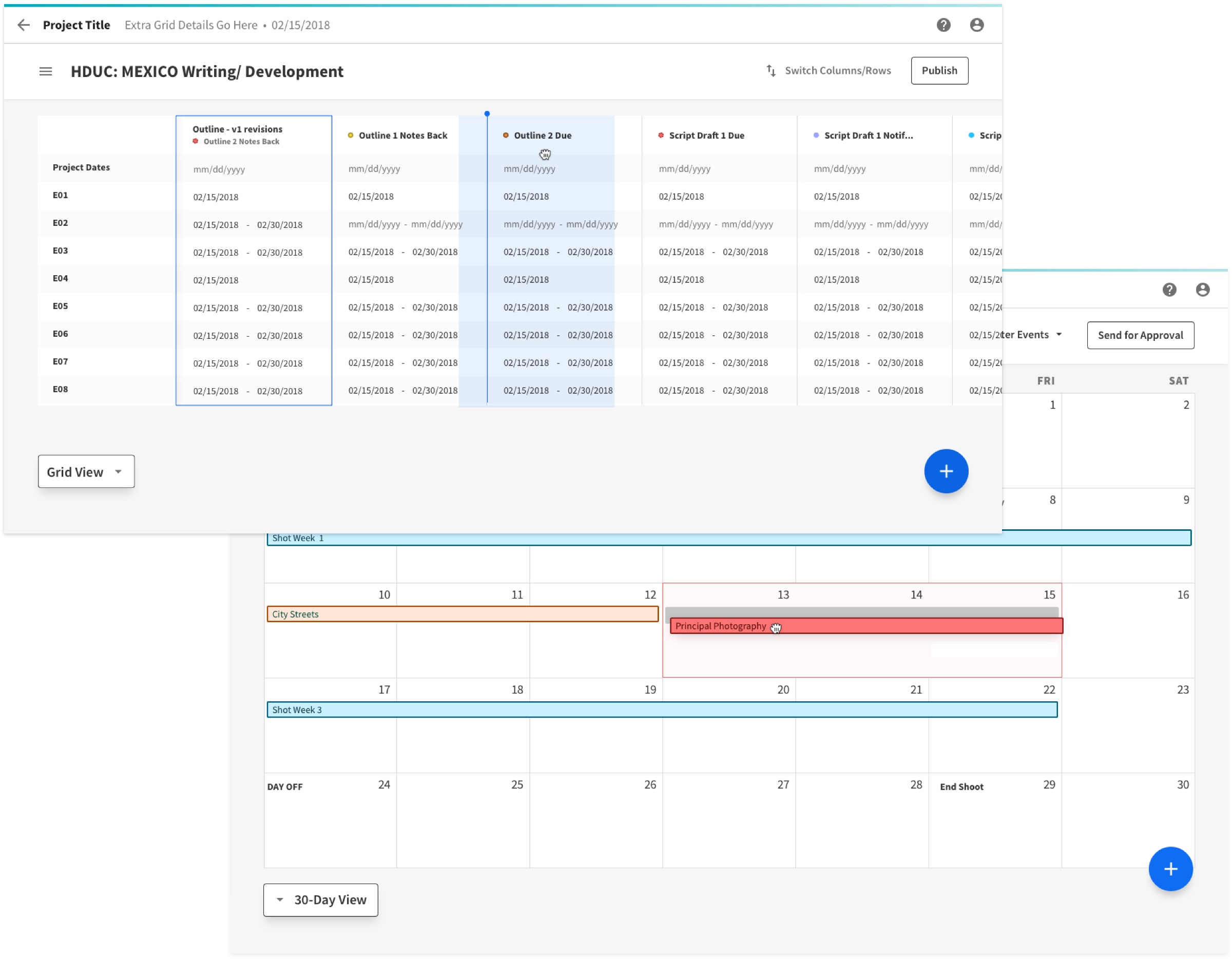 A screenshot of the P|Calendar application showing both grid and 30-day view