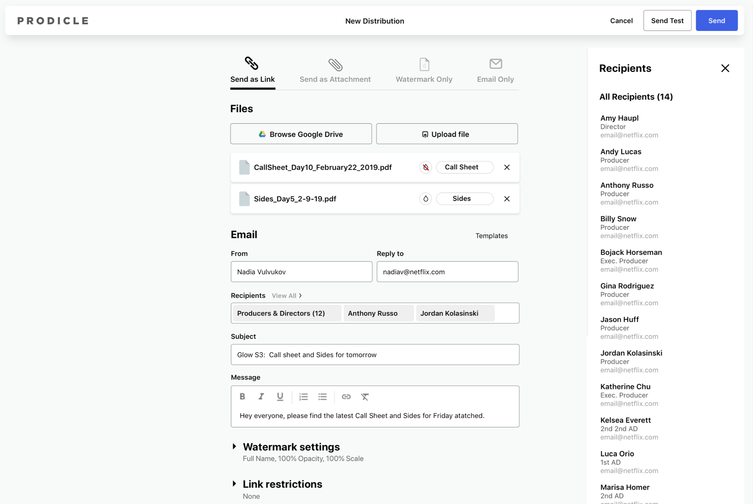 A screenshot of the P|Distribution application with a list of recipients on the right side and multiple options and configuration for sending on the left main section