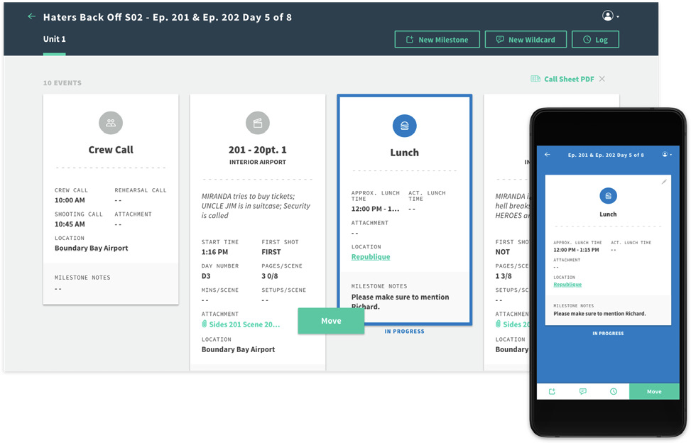 A screenshot of the Prodicle | Move application with multiple schedule card ranging from 'Crew Call' to 'Lunch'