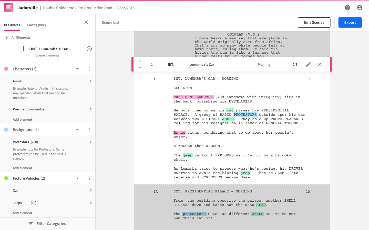A screenshot of the P|Scripts application showing a scene breakdown