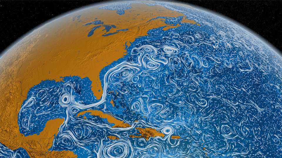 A stylized version of the view of Earth from space, with curving lines to represent ocean currents
